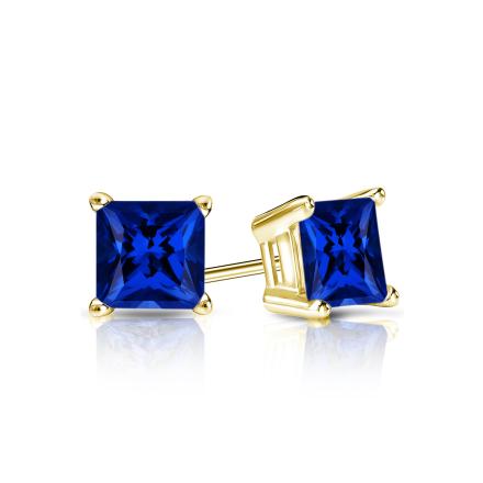 Lab Grown Gemstone Blue Sapphire Stud Earrings Princess 0.50 ct. tw. 18k Yellow Gold 4-Prong Basket