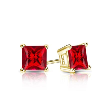 Lab Grown Gemstone Ruby Stud Earrings Princess 0.50 ct. tw. 18k Yellow Gold 4-Prong Basket