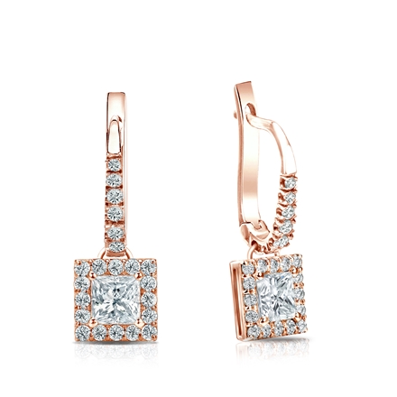 Natural Diamond Dangle Stud Earrings Princess 0.75 ct. tw. (I-J, I1-I2) 14k Rose Gold Dangle Studs Halo