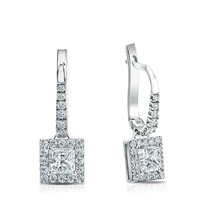 Natural Diamond Dangle Stud Earrings Princess 0.75 ct. tw. (I-J, I1-I2) 14k White Gold Dangle Studs Halo