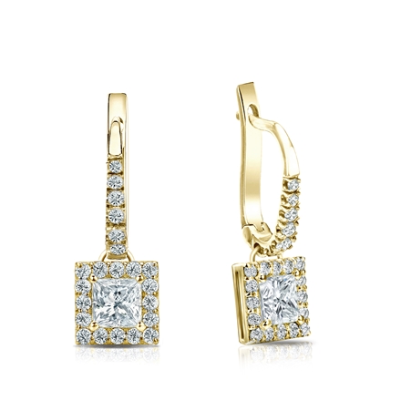 Natural Diamond Dangle Stud Earrings Princess 0.75 ct. tw. (H-I, SI1-SI2) 18k Yellow Gold Dangle Studs Halo