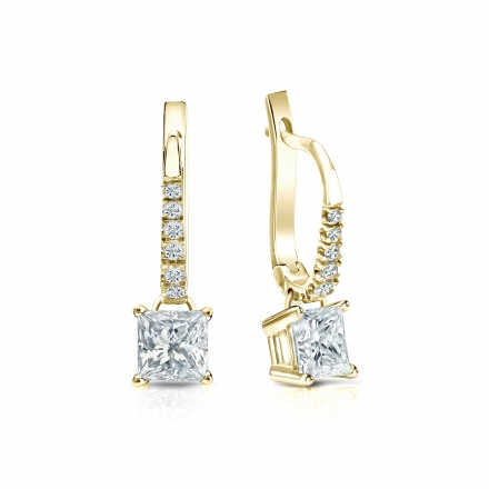 Natural Diamond Dangle Stud Earrings Princess 1.00 ct. tw. (I-J, I1-I2) 14k Yellow Gold Dangle Studs 4-Prong Basket