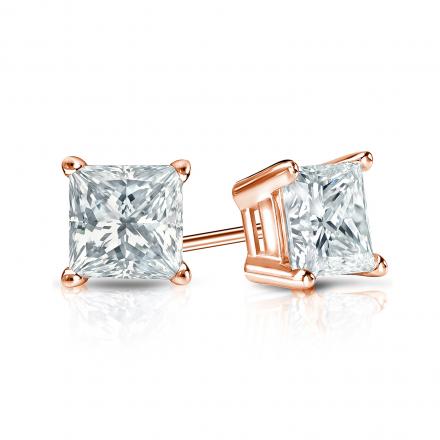 Certified 14k Rose Gold 4-Prong Basket Princess-Cut Diamond Stud Earrings 2.00 ct. tw. (I-J, SI1-SI2)