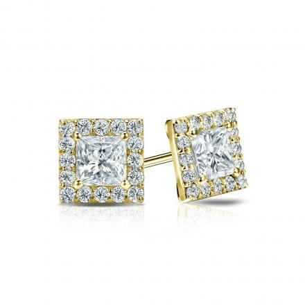 Natural Diamond Stud Earrings Princess 1.00 ct. tw. (I-J, I1-I2) 14k Yellow Gold Halo