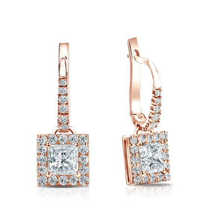 Natural Diamond Dangle Stud Earrings Princess 1.00 ct. tw. (I-J, I1-I2) 14k Rose Gold Dangle Studs Halo