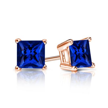Lab Grown Gemstone Blue Sapphire Stud Earrings Princess 1.00 ct. tw. 14k Rose Gold 4-Prong Basket