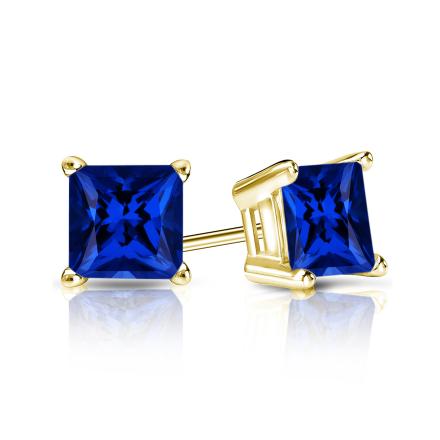 Lab Grown Gemstone Blue Sapphire Stud Earrings Princess 1.00 ct. tw. 14k Yellow Gold 4-Prong Basket