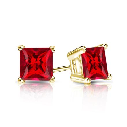 Lab Grown Gemstone Ruby Stud Earrings Princess 1.00 ct. tw. 14k Yellow Gold 4-Prong Basket