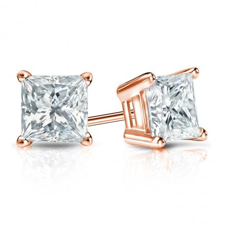 Certified 14k Rose Gold 4-Prong Basket Princess-Cut Diamond Stud Earrings 1.25 ct. tw. (I-J, I1-I2)