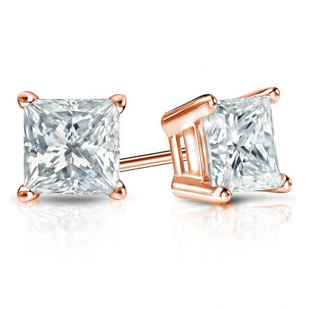 Natural Diamond Stud Earrings Princess 1.50 ct. tw. (I-J, I1) 14k Rose Gold 4-Prong Basket