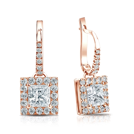 Natural Diamond Dangle Stud Earrings Princess 1.50 ct. tw. (G-H, VS1-VS2) 14k Rose Gold Dangle Studs Halo
