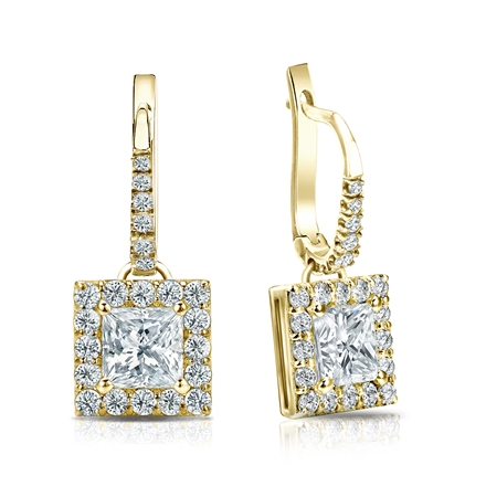 Natural Diamond Dangle Stud Earrings Princess 1.50 ct. tw. (G-H, VS1-VS2) 18k Yellow Gold Dangle Studs Halo