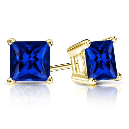 Lab Grown Gemstone Blue Sapphire Stud Earrings Princess 1.50 ct. tw. 18k Yellow Gold 4-Prong Basket