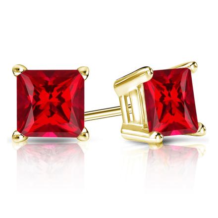 Lab Grown Gemstone Ruby Stud Earrings Princess 1.50 ct. tw. 18k Yellow Gold 4-Prong Basket