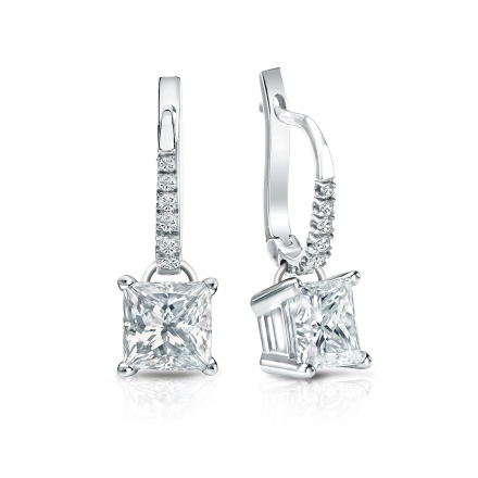 Certified 18k White Gold Dangle Studs 4-Prong Basket Princess-Cut Diamond Earrings 2.00 ct. tw. (H-I, SI1-SI2)