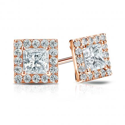 Natural Diamond Stud Earrings Princess 2.00 ct. tw. (I-J, I1-I2) 14k Rose Gold Halo