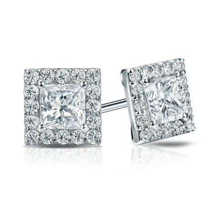 Certified 14k White Gold Halo Princess-Cut Diamond Stud Earrings 2.00 ct. tw. (H-I, SI2)