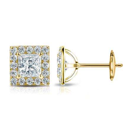 Princess Cut Diamond Stud Earrings 3+ Carat Each With Diamond Halo 18K Gold