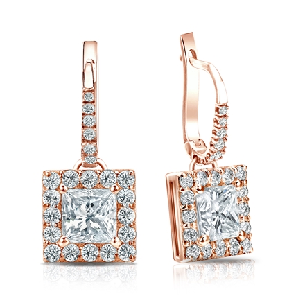 Natural Diamond Dangle Stud Earrings Princess 2.00 ct. tw. (H-I, SI1-SI2) 14k Rose Gold Dangle Studs Halo