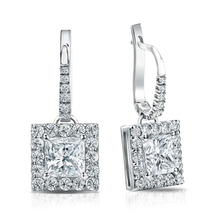 Natural Diamond Dangle Stud Earrings Princess 2.00 ct. tw. (I-J, I1-I2) Platinum Dangle Studs Halo