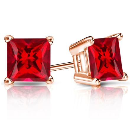 Lab Grown Gemstone Ruby Stud Earrings Princess 5.00 ct. tw. 14k Rose Gold 4-Prong Basket