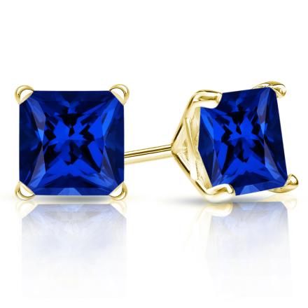 Lab Grown Gemstone Blue Sapphire Stud Earrings Princess 5.00 ct. tw. 14k Yellow Gold 4-Prong Martini