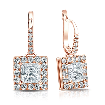 Natural Diamond Dangle Stud Earrings Princess 2.50 ct. tw. (H-I, SI1-SI2) 14k Rose Gold Dangle Studs Halo