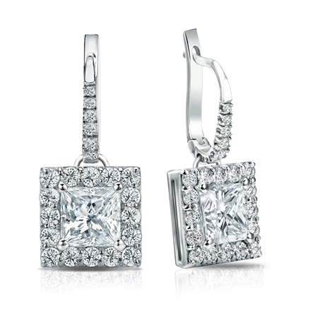 Natural Diamond Dangle Stud Earrings Princess 2.50 ct. tw. (G-H, VS1-VS2) 14k White Gold Dangle Studs Halo