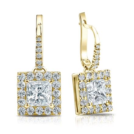 Natural Diamond Dangle Stud Earrings Princess 2.50 ct. tw. (I-J, I1-I2) 14k Yellow Gold Dangle Studs Halo