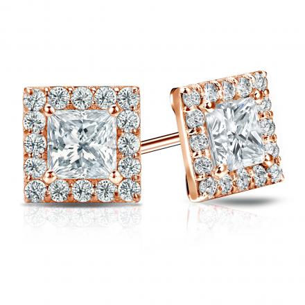 Natural Diamond Stud Earrings Princess 3.00 ct. tw. (G-H, VS1-VS2) 14k Rose Gold Halo