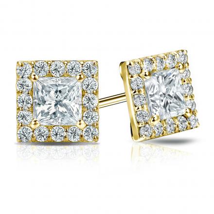 Certified 18k Yellow Gold Halo Princess Cut Diamond Stud Earrings 3.00 ct. tw. (G-H, VS1-VS2)