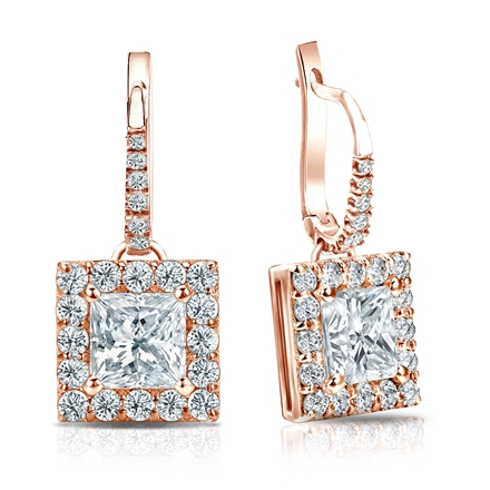 Natural Diamond Dangle Stud Earrings Princess 3.00 ct. tw. (G-H, VS1-VS2) 14k Rose Gold Dangle Studs Halo