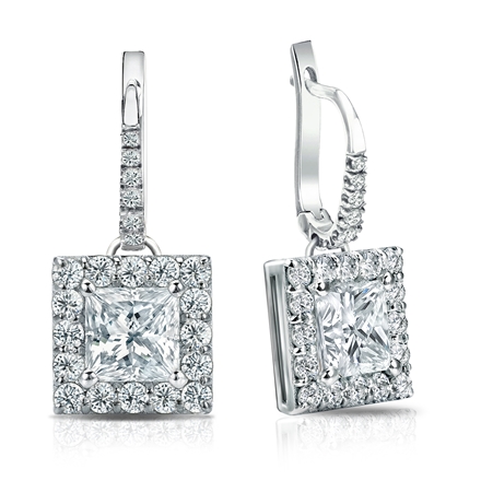 Natural Diamond Dangle Stud Earrings Princess 3.00 ct. tw. (G-H, VS1-VS2) Platinum Dangle Studs Halo