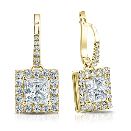 Natural Diamond Dangle Stud Earrings Princess 3.00 ct. tw. (G-H, VS1-VS2) 18k Yellow Gold Dangle Studs Halo