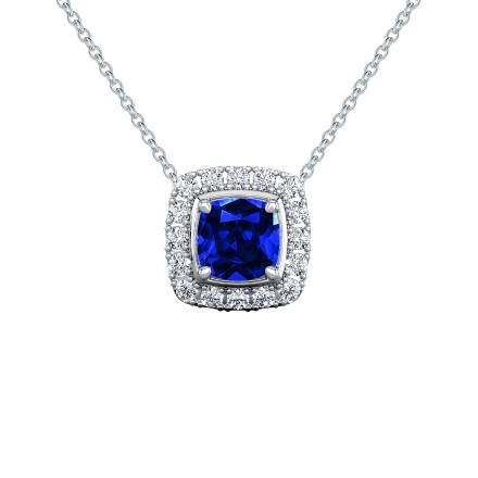 Lab Grown Gemstone Blue Sapphire Pendant Cushion 1.50 ct. tw. 14k White Gold Halo