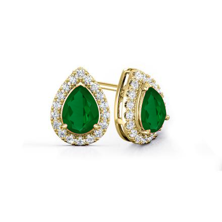 Lab Grown Gemstone Green Emerald Stud Earrings Pear 5.00 ct. tw. 14k Yellow Gold Halo