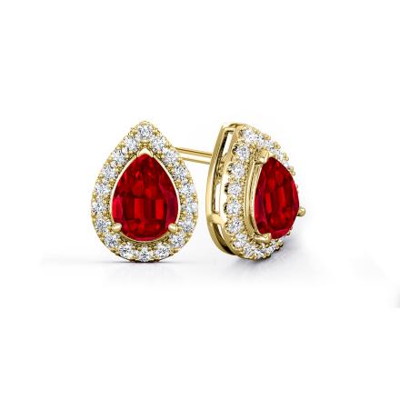 Lab Grown Gemstone Ruby Stud Earrings Pear 4.00 ct. tw. 18k Yellow Gold Halo