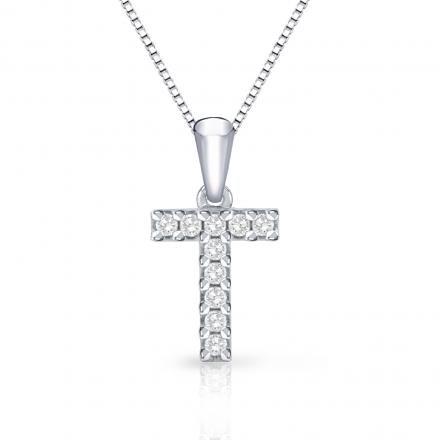 Diamond Letter T Initial Pendant in 14k White Gold (1/10 cttw) 18-Inch Box Chain