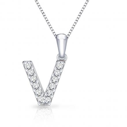 Diamond Letter V Initial Pendant in 14k White Gold (1/10 cttw) 18-Inch Box Chain