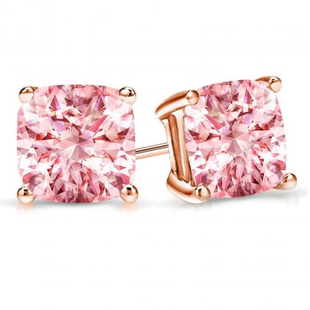 Lab Grown Diamond Stud Earrings Cushion Pink 2.00 ct.tw 14k Rose Gold 4-Prong Basket