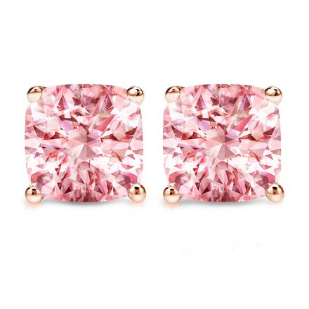 Lab Grown Diamond Stud Earrings Cushion Pink 2.00 ct.tw 14k Rose Gold 4-Prong Basket