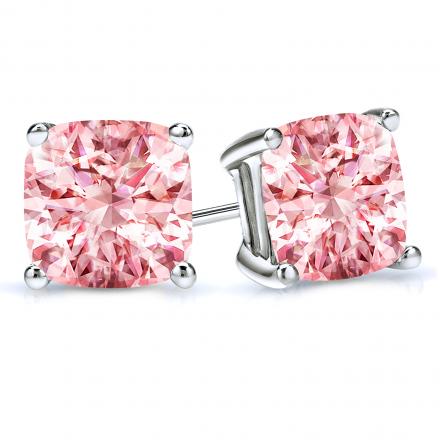Lab Grown Diamond Stud Earrings Cushion Pink 2.00 ct.tw 14k White Gold 4-Prong Basket