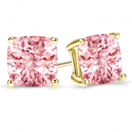 Lab Grown Diamond Stud Earrings Cushion Pink 2.00 ct.tw 14K Yellow Gold 4-Prong Basket