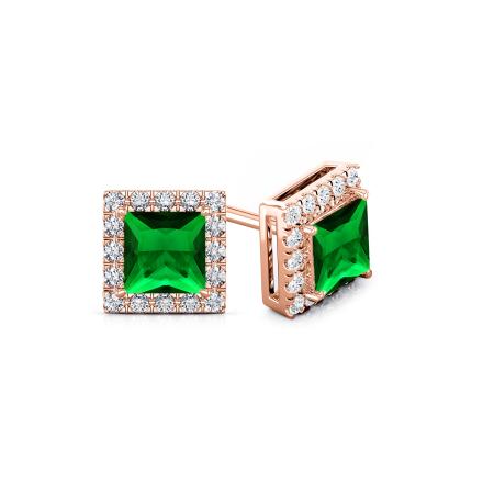 Lab Grown Gemstone Green Emerald Stud Earrings Princess 1.50 ct. tw. 14k Rose Gold Halo