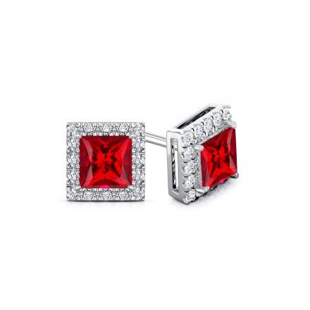 Lab Grown Gemstone Ruby Stud Earrings Princess 3.00 ct. tw. Platinum Halo