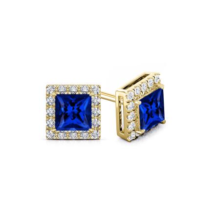 Lab Grown Gemstone Blue Sapphire Stud Earrings Princess 1.50 ct. tw. 18k Yellow Gold Halo