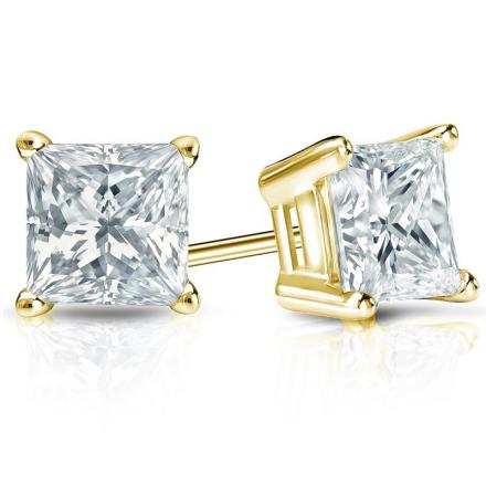 Certified 14k Yellow Gold 4-Prong Basket Princess-Cut Diamond Stud Earrings 2.00 ct. tw. (H-I, I2-I3)