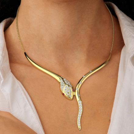 Ruby and Diamond Fashion Snake Necklace (0.24 cttw.) in 14K Yellow Gold
