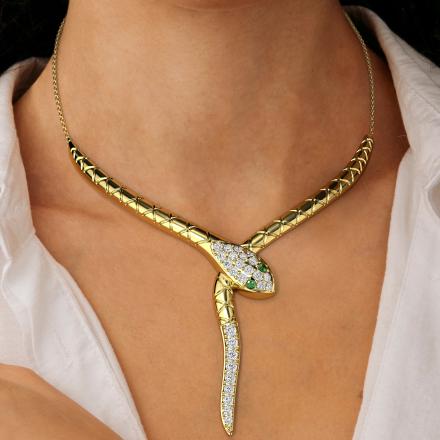 Emerald and Diamond Fashion Snake Necklace (0.25 cttw.) in 14K Yellow Gold