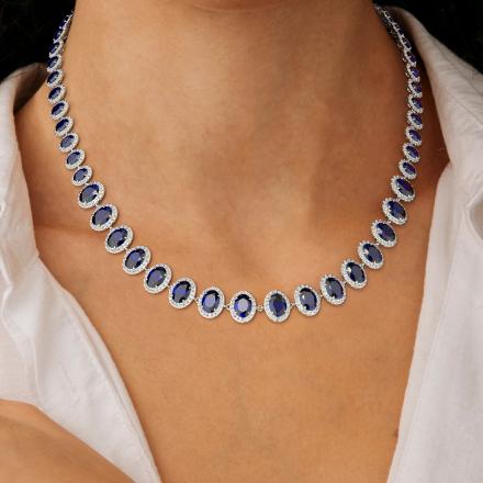 Blue Sapphire and Diamond Fashion Necklace (36.34 cttw.) in 14K White Gold, 16 Inch